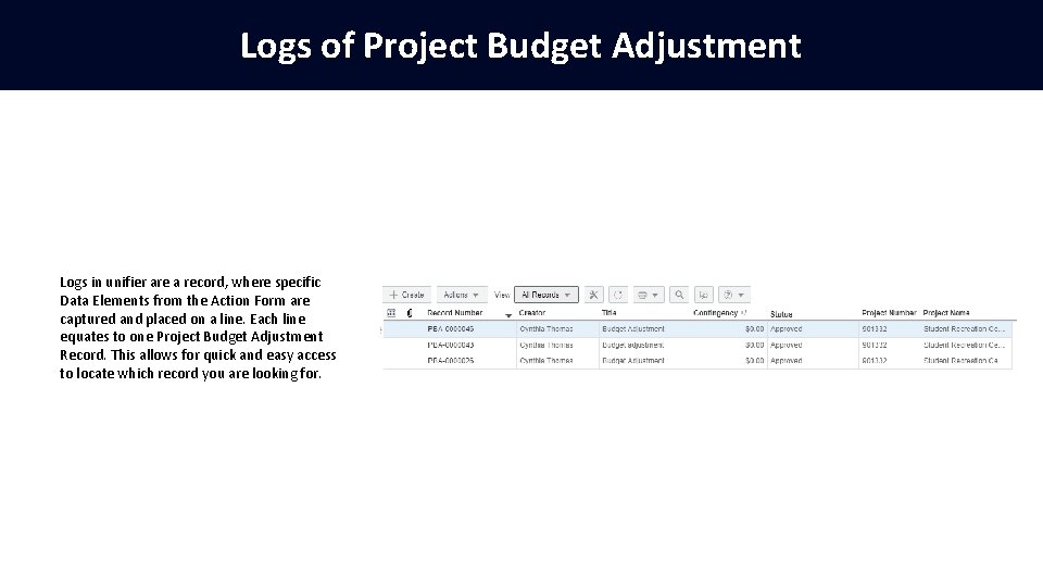 Logs of Project Budget Adjustment Logs in unifier are a record, where specific Data