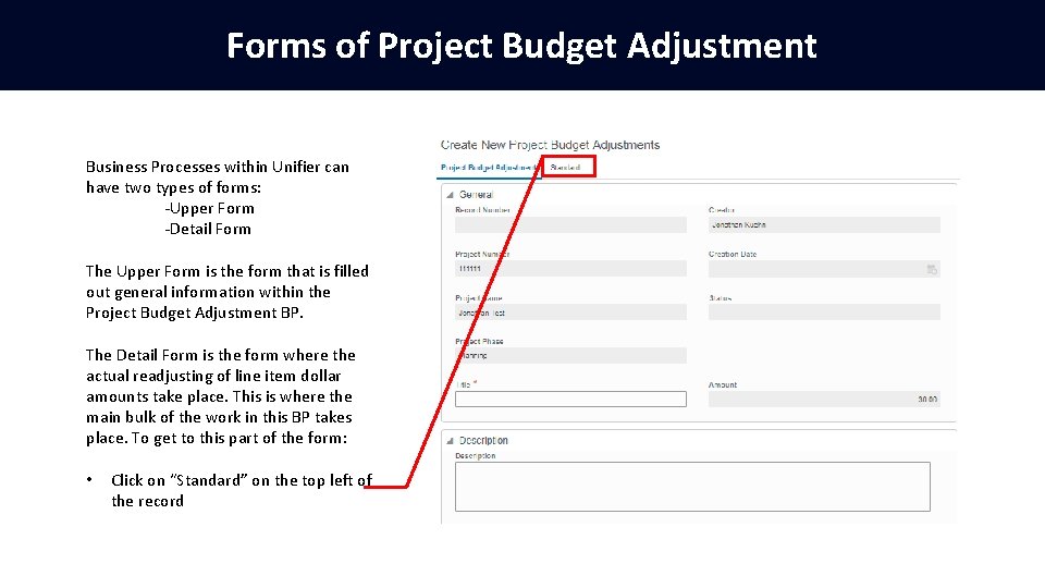 Forms of Project Budget Adjustment Business Processes within Unifier can have two types of