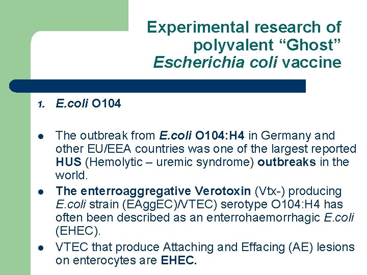 Experimental research of polyvalent “Ghost” Escherichia coli vaccine 1. E. coli O 104 l