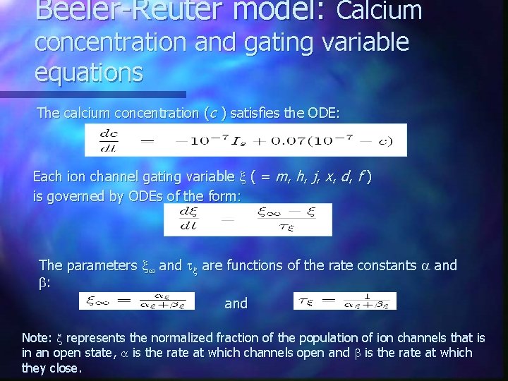 Beeler-Reuter model: Calcium concentration and gating variable equations The calcium concentration (c ) satisfies