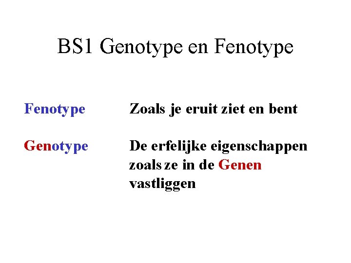 BS 1 Genotype en Fenotype Zoals je eruit ziet en bent Genotype De erfelijke
