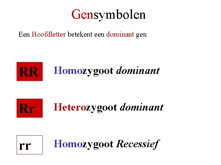 Gensymbolen Een Hoofdletter betekent een dominant gen RR Homozygoot dominant Rr Heterozygoot dominant rr