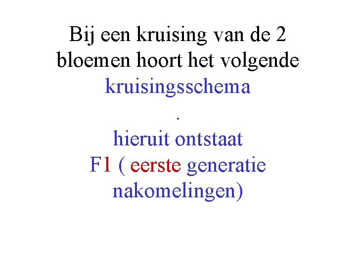 Bij een kruising van de 2 bloemen hoort het volgende kruisingsschema. hieruit ontstaat F