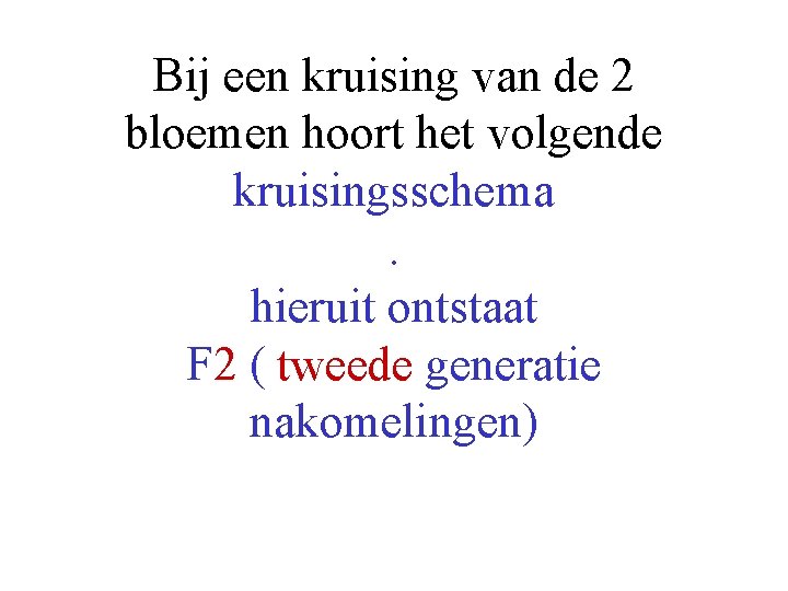 Bij een kruising van de 2 bloemen hoort het volgende kruisingsschema. hieruit ontstaat F