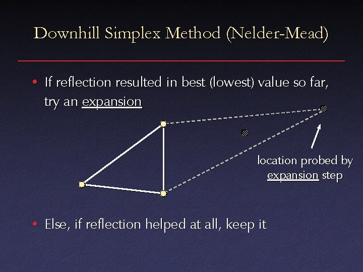 Downhill Simplex Method (Nelder-Mead) • If reflection resulted in best (lowest) value so far,