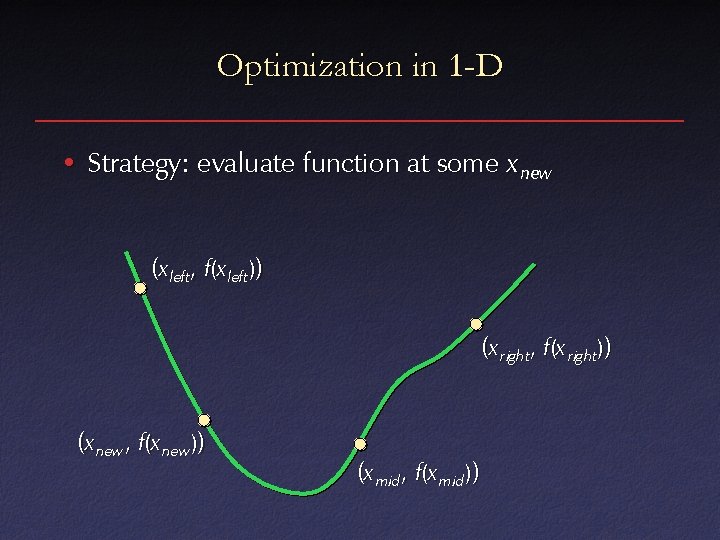 Optimization in 1 -D • Strategy: evaluate function at some x new (x left,