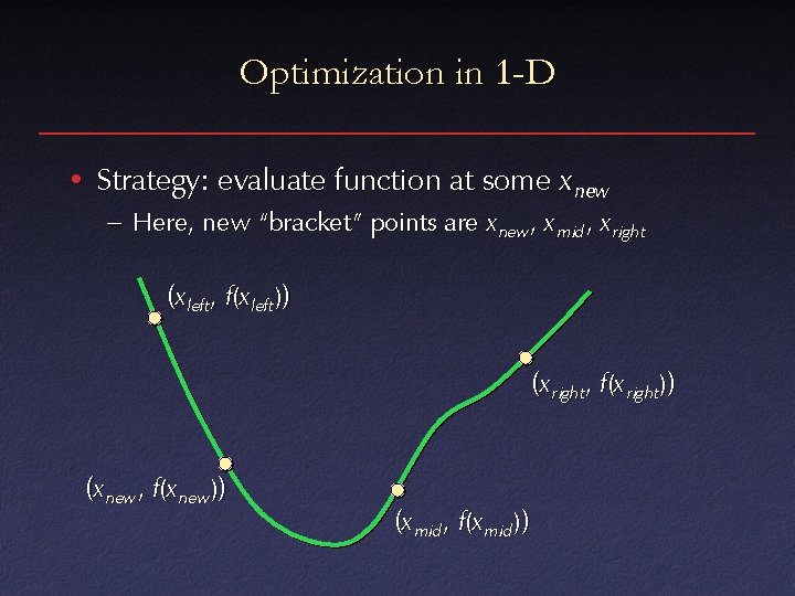 Optimization in 1 -D • Strategy: evaluate function at some x new – Here,