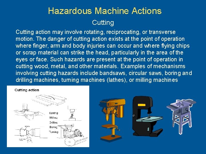 Hazardous Machine Actions Cutting action may involve rotating, reciprocating, or transverse motion. The danger