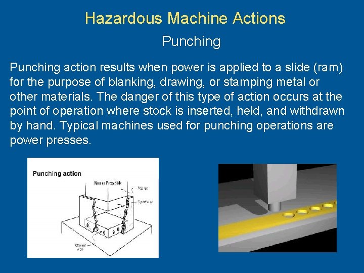 Hazardous Machine Actions Punching action results when power is applied to a slide (ram)