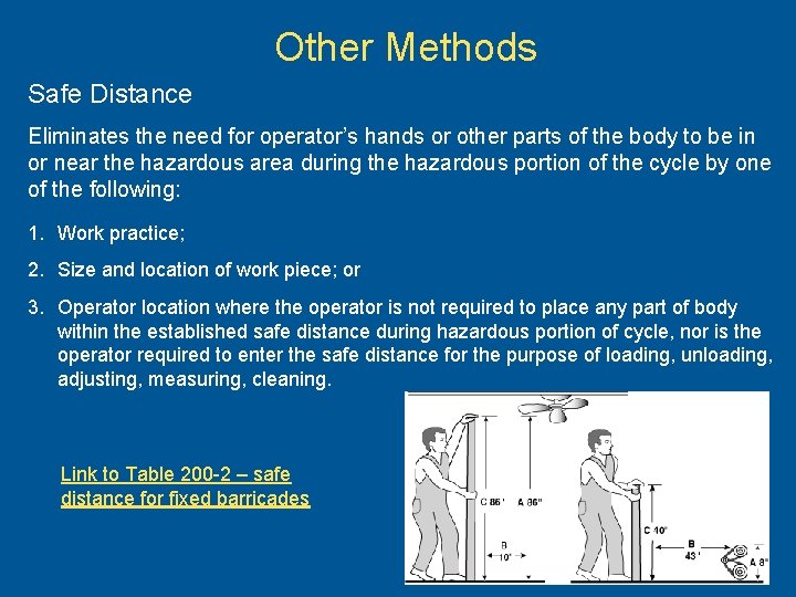 Other Methods Safe Distance Eliminates the need for operator’s hands or other parts of