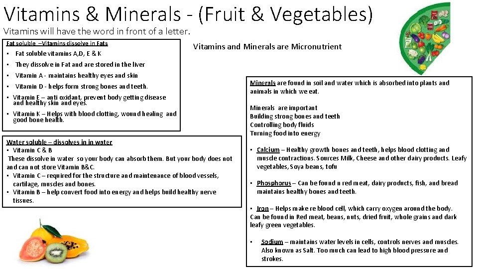 Vitamins & Minerals - (Fruit & Vegetables) Vitamins will have the word in front