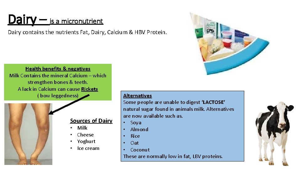 Dairy – is a micronutrient Dairy contains the nutrients Fat, Dairy, Calcium & HBV