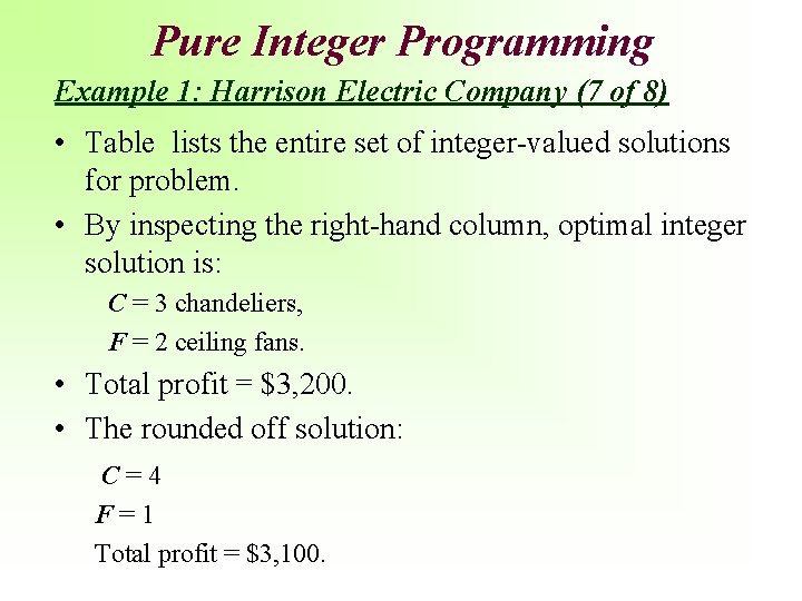 Pure Integer Programming Example 1: Harrison Electric Company (7 of 8) • Table lists