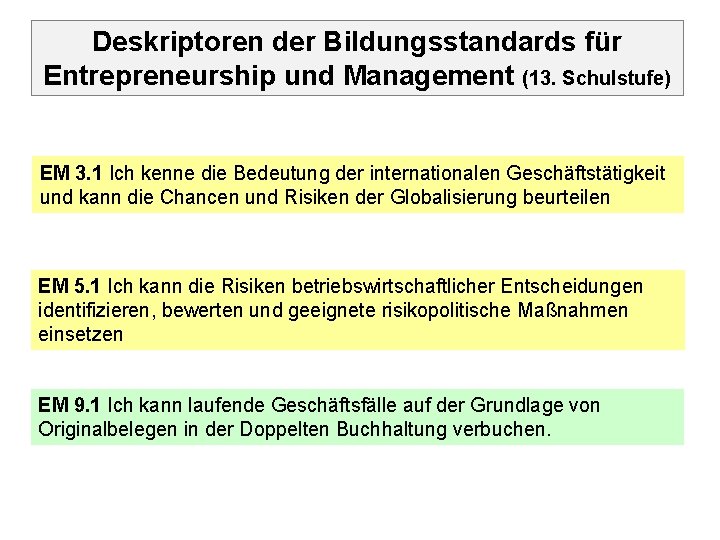 Deskriptoren der Bildungsstandards für Entrepreneurship und Management (13. Schulstufe) EM 3. 1 Ich kenne