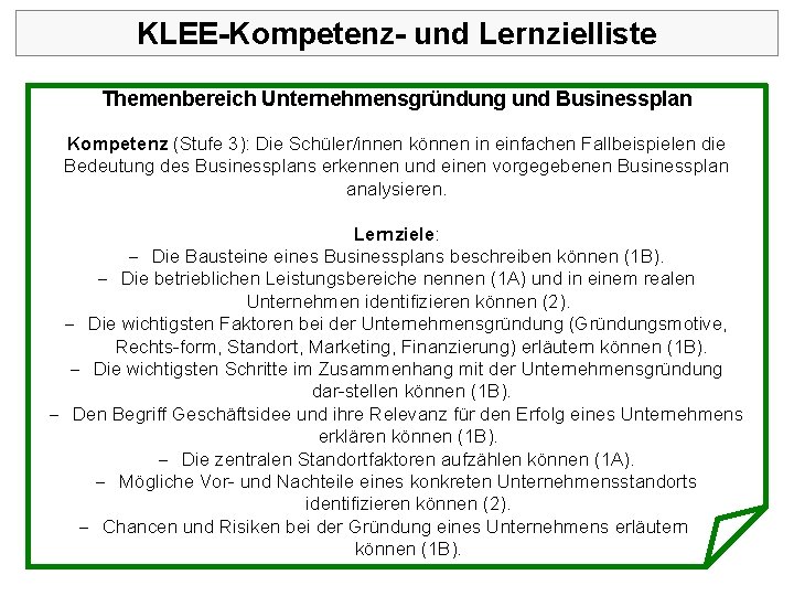 KLEE-Kompetenz- und Lernzielliste Themenbereich Unternehmensgründung und Businessplan Kompetenz (Stufe 3): Die Schüler/innen können in