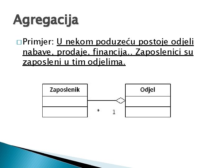 Agregacija � Primjer: U nekom poduzeću postoje odjeli nabave, prodaje, financija. . Zaposlenici su