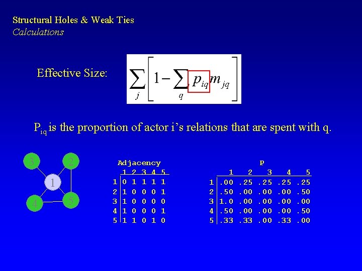 Structural Holes & Weak Ties Calculations Effective Size: Piq is the proportion of actor