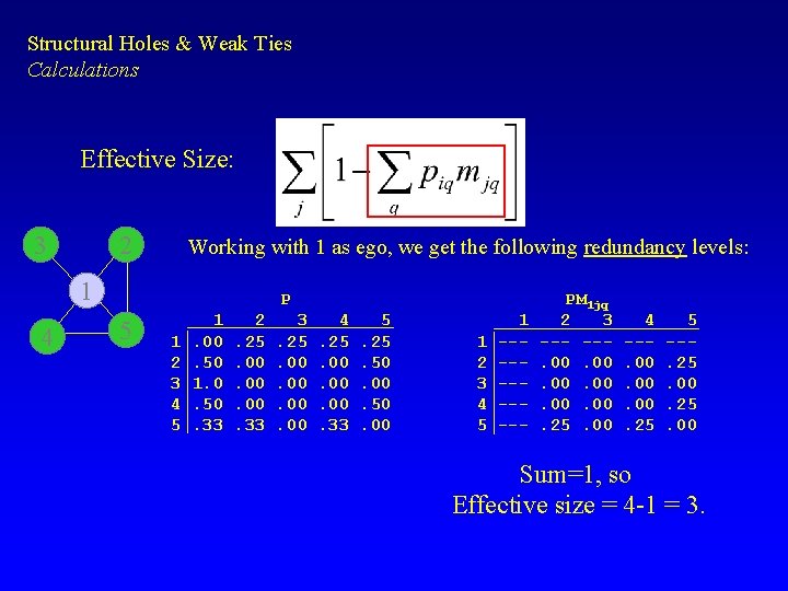 Structural Holes & Weak Ties Calculations Effective Size: 3 2 Working with 1 as