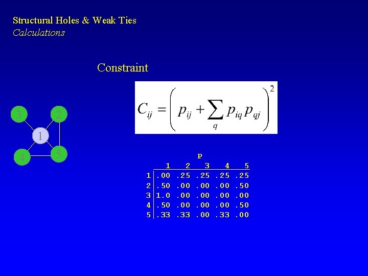 Structural Holes & Weak Ties Calculations Constraint 3 2 1 4 5 P 1