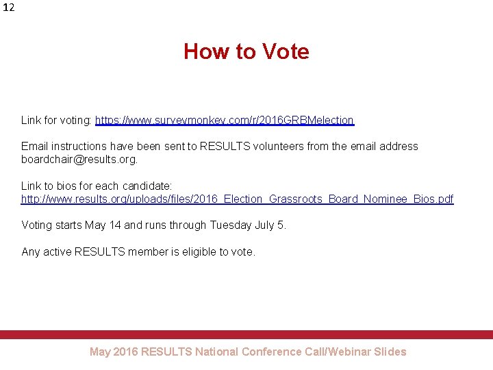12 How to Vote Link for voting: https: //www. surveymonkey. com/r/2016 GRBMelection Email instructions