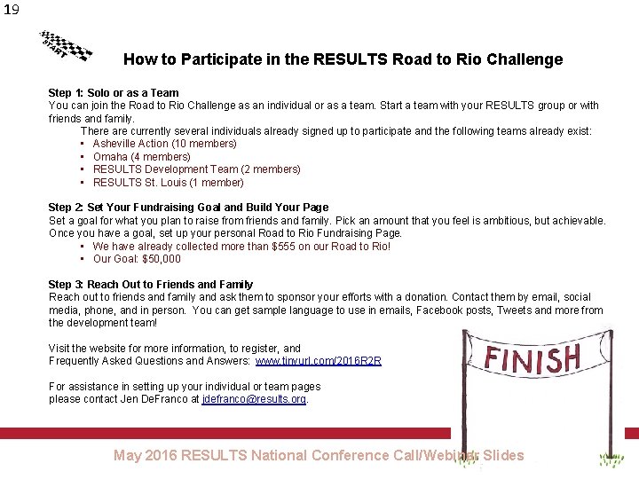 19 How to Participate in the RESULTS Road to Rio Challenge Step 1: Solo
