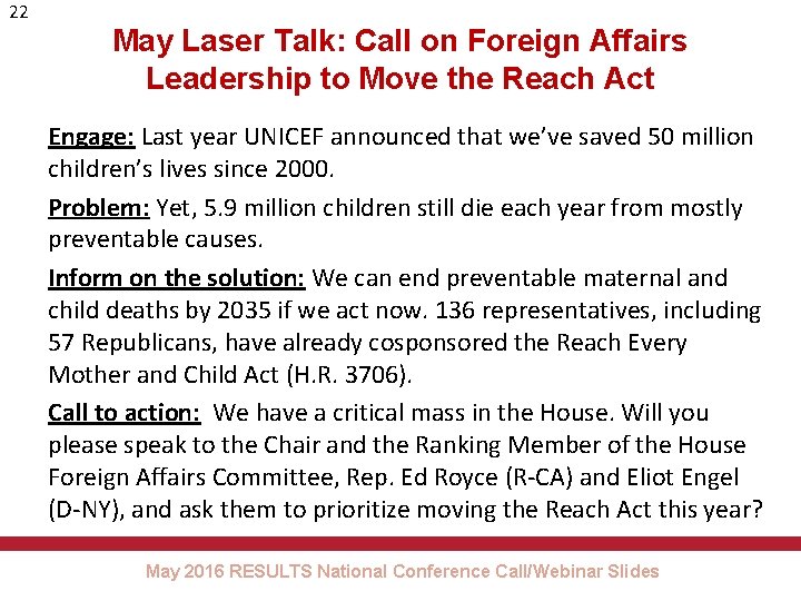22 May Laser Talk: Call on Foreign Affairs Leadership to Move the Reach Act