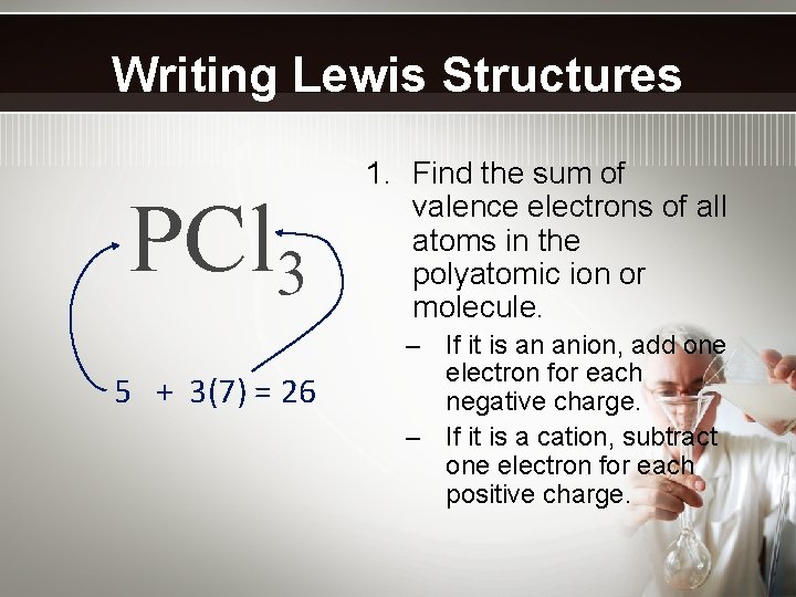 Writing Lewis Structures PCl 3 5 + 3(7) = 26 1. Find the sum