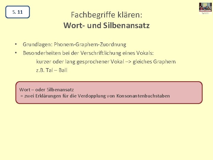 S. 11 Fachbegriffe klären: Wort- und Silbenansatz • Grundlagen: Phonem-Graphem-Zuordnung • Besonderheiten bei der