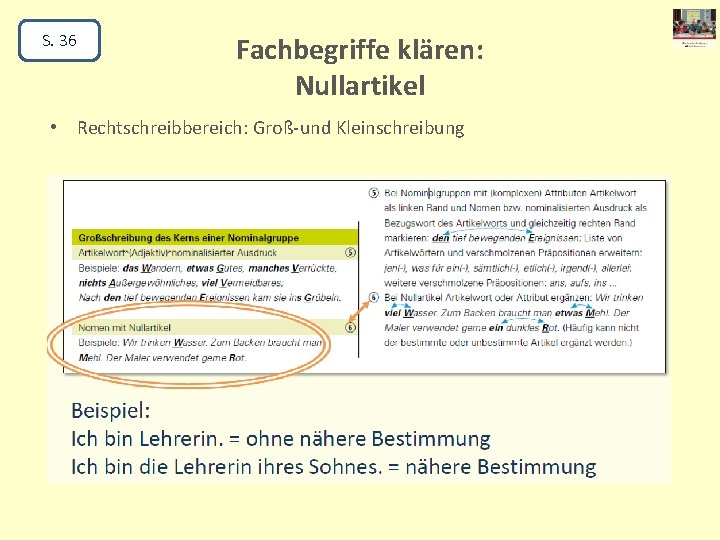 S. 36 Fachbegriffe klären: Nullartikel • Rechtschreibbereich: Groß-und Kleinschreibung 