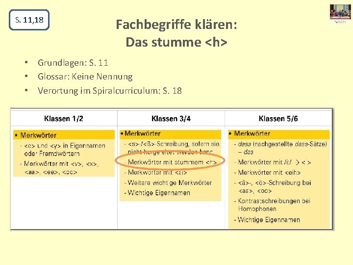 S. 11, 18 Fachbegriffe klären: Das stumme <h> • Grundlagen: S. 11 • Glossar: