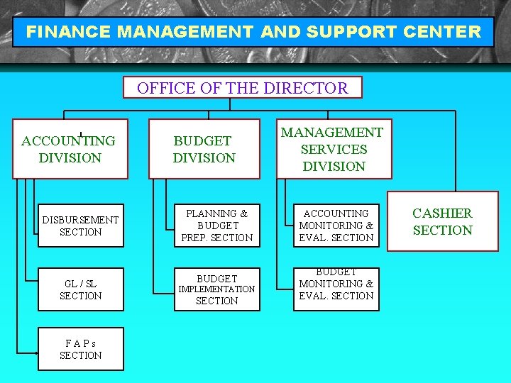 FINANCE MANAGEMENT AND SUPPORT CENTER OFFICE OF THE DIRECTOR ACCOUNTING DIVISION DISBURSEMENT SECTION GL