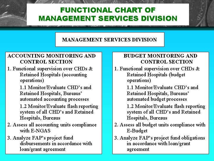 FUNCTIONAL CHART OF MANAGEMENT SERVICES DIVISION ACCOUNTING MONITORING AND CONTROL SECTION 1. Functional supervision