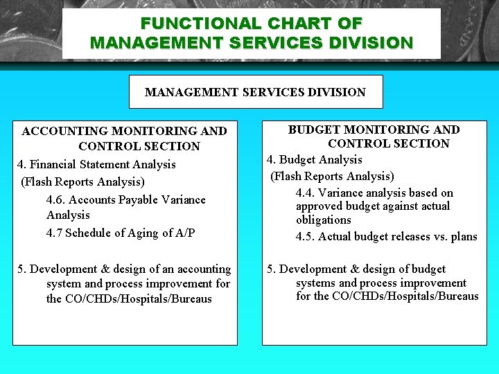 FUNCTIONAL CHART OF MANAGEMENT SERVICES DIVISION ACCOUNTING MONITORING AND CONTROL SECTION 4. Financial Statement