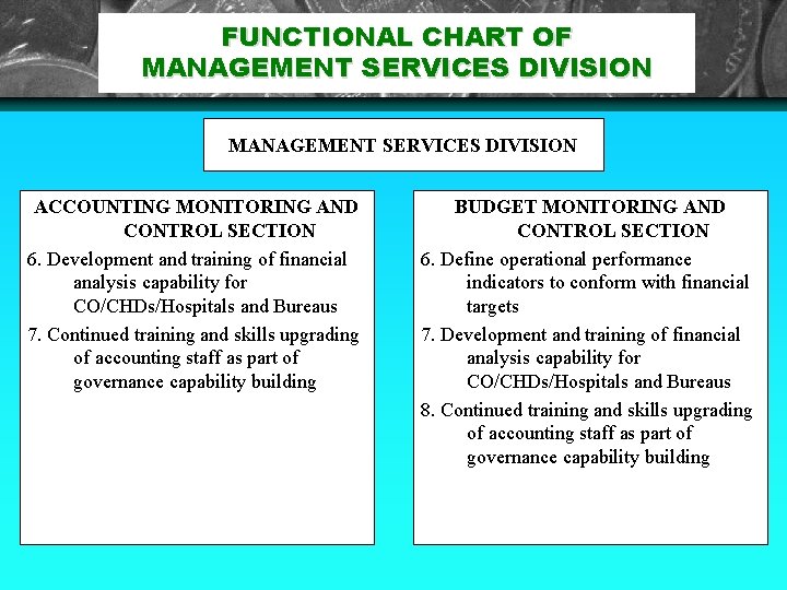 FUNCTIONAL CHART OF MANAGEMENT SERVICES DIVISION ACCOUNTING MONITORING AND CONTROL SECTION 6. Development and