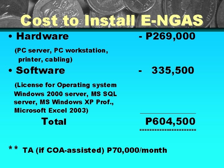 Cost to Install E-NGAS • Hardware (PC server, PC workstation, printer, cabling) • Software