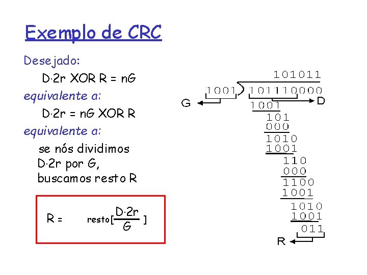 Exemplo de CRC Desejado: D. 2 r XOR R = n. G equivalente a: