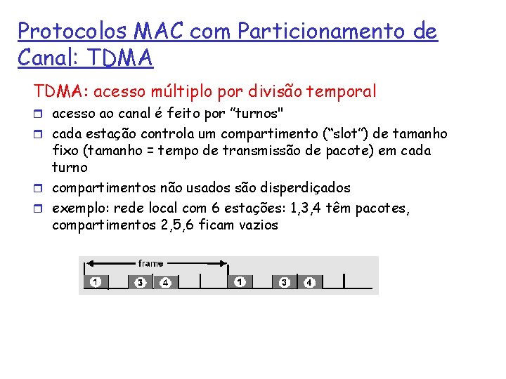 Protocolos MAC com Particionamento de Canal: TDMA: acesso múltiplo por divisão temporal r acesso
