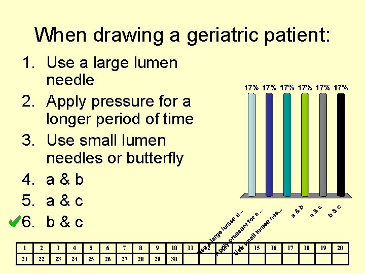 When drawing a geriatric patient: 1. Use a large lumen needle 2. Apply pressure