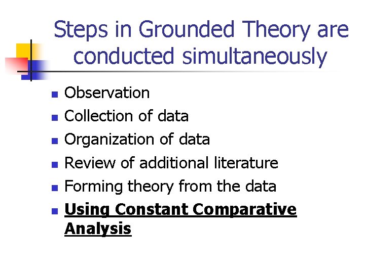 Steps in Grounded Theory are conducted simultaneously n n n Observation Collection of data