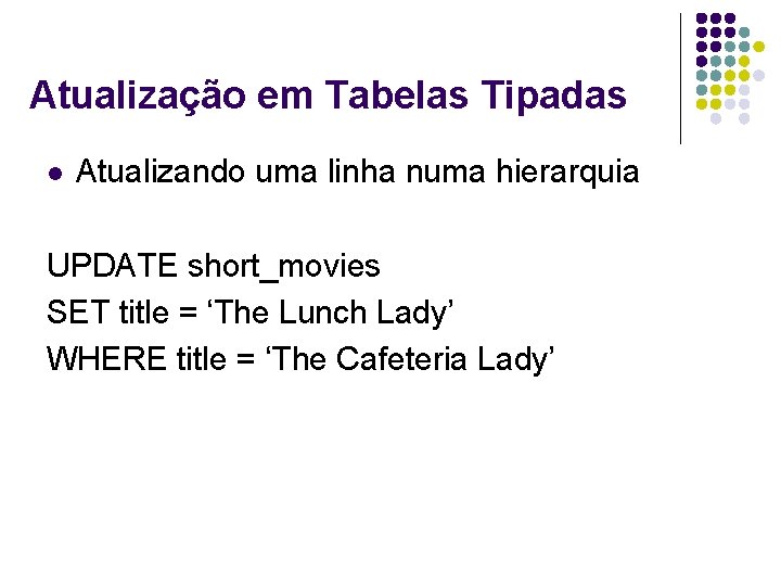 Atualização em Tabelas Tipadas l Atualizando uma linha numa hierarquia UPDATE short_movies SET title