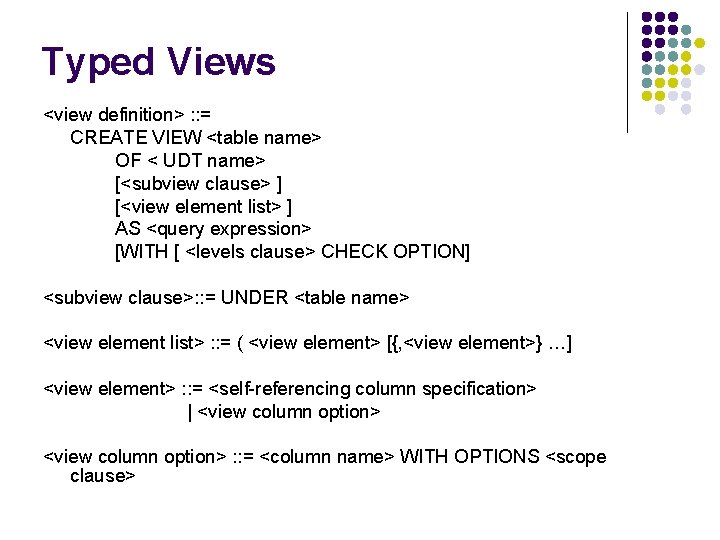 Typed Views <view definition> : : = CREATE VIEW <table name> OF < UDT