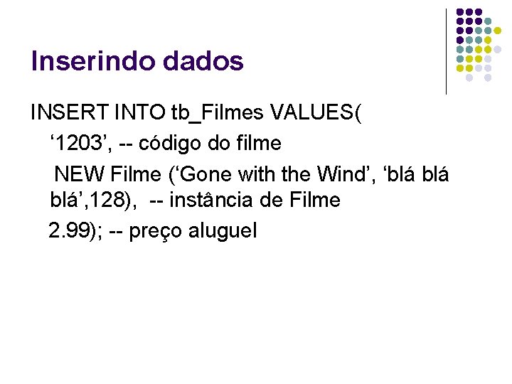 Inserindo dados INSERT INTO tb_Filmes VALUES( ‘ 1203’, -- código do filme NEW Filme