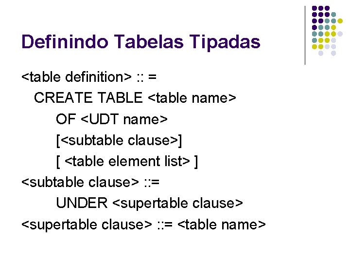 Definindo Tabelas Tipadas <table definition> : : = CREATE TABLE <table name> OF <UDT