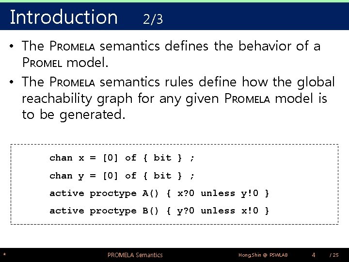 Introduction 2/3 • The PROMELA semantics defines the behavior of a PROMEL model. •