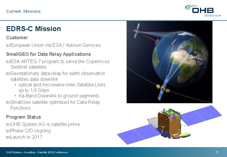 Current Missions EDRS-C Mission Customer European Union via ESA / Astrium Services Small. GEO