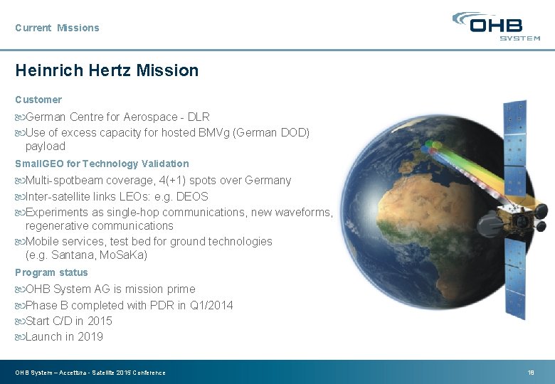 Current Missions Heinrich Hertz Mission Customer German Centre for Aerospace - DLR Use of