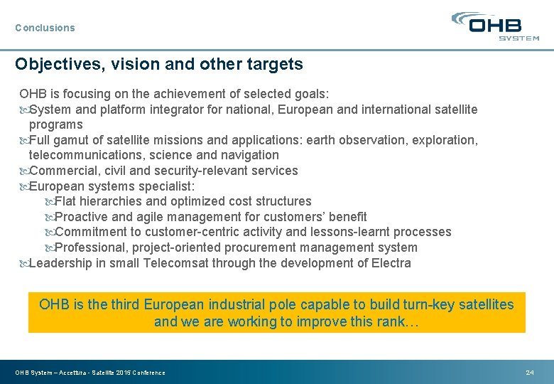 Conclusions Objectives, vision and other targets OHB is focusing on the achievement of selected
