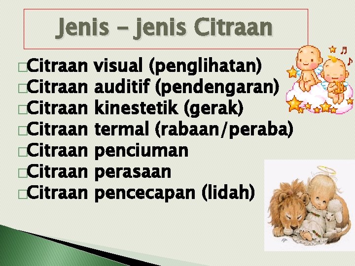 Jenis – jenis Citraan �Citraan �Citraan visual (penglihatan) auditif (pendengaran) kinestetik (gerak) termal (rabaan/peraba)