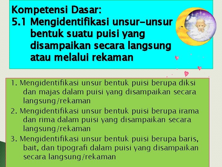 Kompetensi Dasar: 5. 1 Mengidentifikasi unsur-unsur bentuk suatu puisi yang disampaikan secara langsung atau