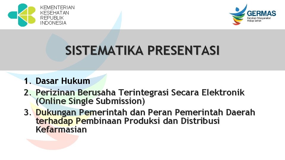 KEMENTERIAN KESEHATAN REPUBLIK INDONESIA SISTEMATIKA PRESENTASI 1. Dasar Hukum 2. Perizinan Berusaha Terintegrasi Secara